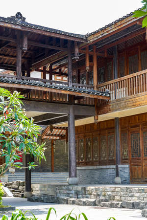 Chinese traditional retro wooden house buildings, turretsのeditorial素材