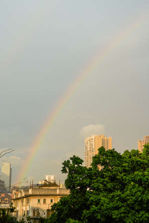 A double rainbow appeared over the city after the rain