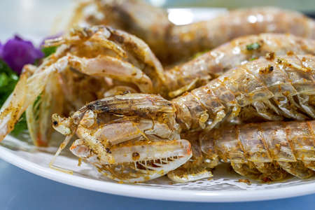 Delicious seafood dish, salt and pepper mantis shrimpの写真素材