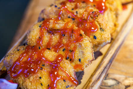 A delicious Chinese dish, fried eggplant stuffed with meat, eggplant box