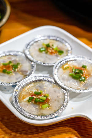 Close-up of a plate of delicious raw shrimp slip ingredients