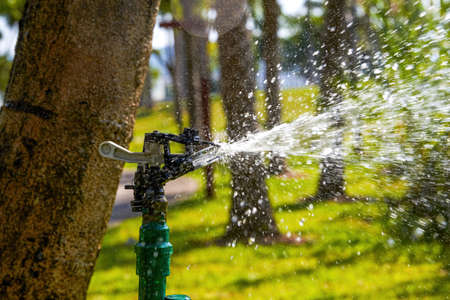 Close-up of automatic sprinkler irrigation sprinklers in the parkの写真素材