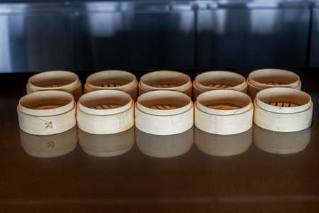 Bamboo steamer used in Chinese restaurantの写真素材