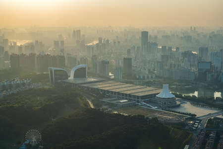 The landmark building in Nanning, Guangxi, China, in the evening sunset, the convention and...