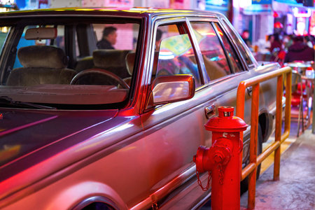 Close-up of the exterior and headlight details of a retro vintage carの写真素材