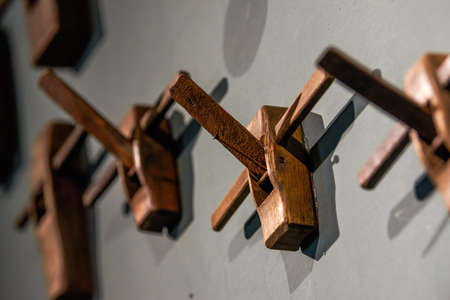 Various traditional woodworking tools close-up