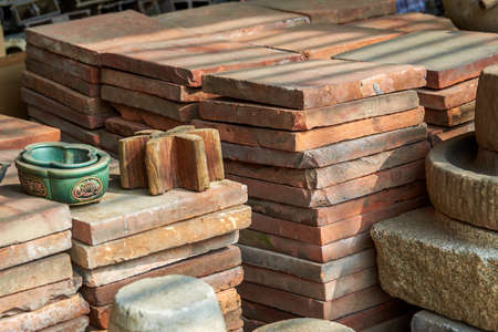 A close-up of a pile of slate used for building materialsの写真素材