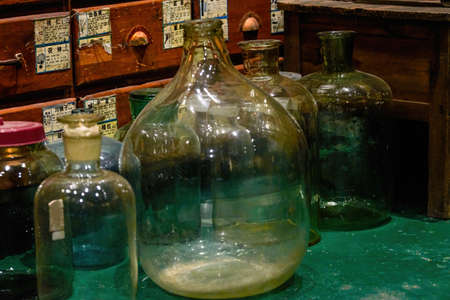 Close-up of empty glass medicine jars in a Chinese medicine storeの写真素材