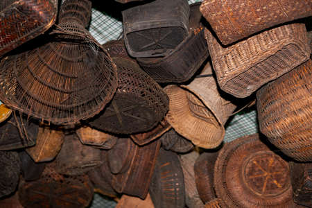 Various styles of bamboo baskets and dustpan close-upの写真素材