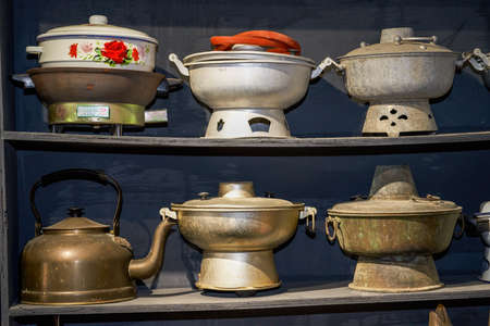 Pile of traditional old-fashioned charcoal hot pot side stoveのeditorial素材