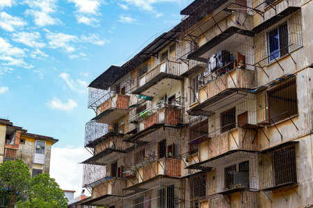 Close-up of residential buildings in an abandoned old residential area