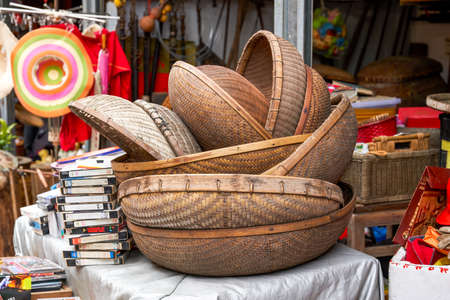 Close-up of bamboo baskets for sale in the market