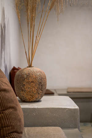 Decorative vase with reed poles indoorsの写真素材