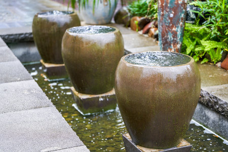 Landscape with terracotta jars in traditional Chinese gardenの写真素材
