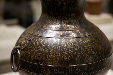 Ancient Chinese cultural relics of the Han Dynasty in the museum, painted clay bottles and containersのeditorial素材