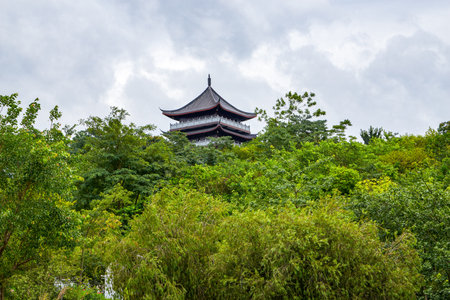 View of beautiful greenery and ancient buildings in the parkのeditorial素材