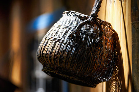 Chinese traditional woven bamboo baskets hanging in the shopの写真素材