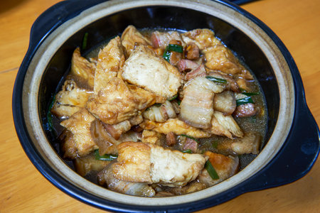 A delicious Chinese dish, braised pork belly with tofuの写真素材