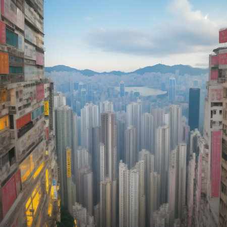 Generative AI, Abstract painting of city skyscrapers with Hong Kong as a blueprintの素材