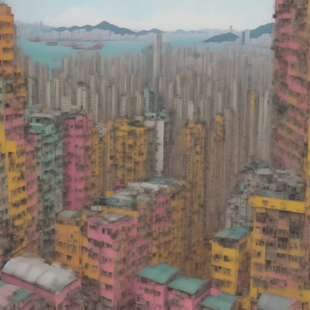 Generative AI, Abstract painting of city skyscrapers with Hong Kong as a blueprintの素材