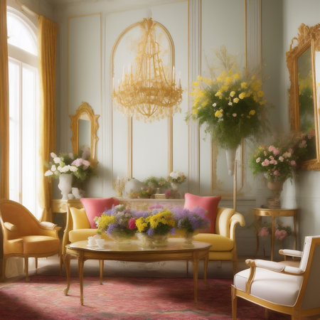 Generative AI, Exquisite and classic European-style interior room is full of colorful flowersの素材