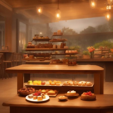 Generative AI, A restaurant filled with all kinds of dessertsの素材