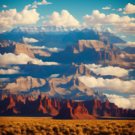 Generative AI, Magnificent shale mountains and grand canyon under blue sky and white cloudsの素材