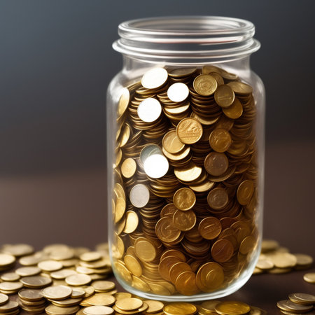 Generative AI, Glass storage jar full of gold coinsの素材
