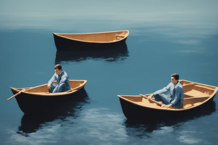 Generative AI, Oil painting style of people on wooden boats on calm lakeの素材
