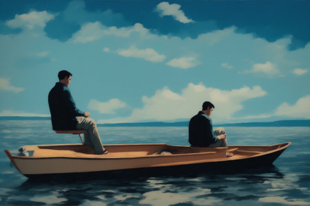 Generative AI, Oil painting style of people on wooden boats on calm lakeの素材