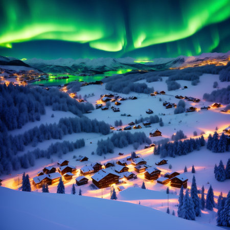 Generative AI, Aurora appears in snowy Nordic countrysideの素材