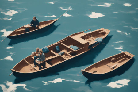 Generative AI, Oil painting style of people on wooden boats on calm lakeの素材