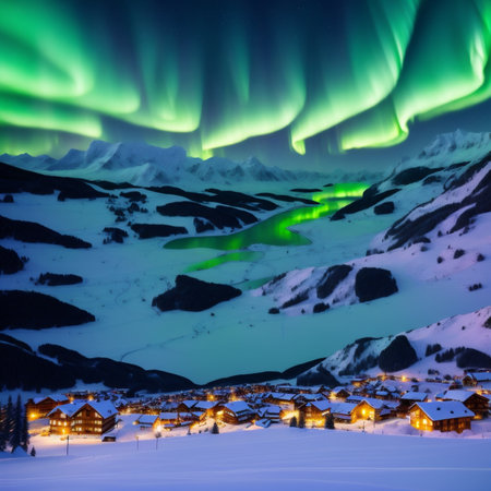 Generative AI, Aurora appears in snowy Nordic countrysideの素材
