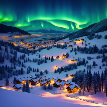 Generative AI, Aurora appears in snowy Nordic countrysideの素材