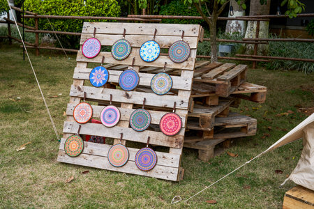 Zhuang brocade pattern round plate with Zhuang nationality characteristics in Guangxi, Chinaの写真素材