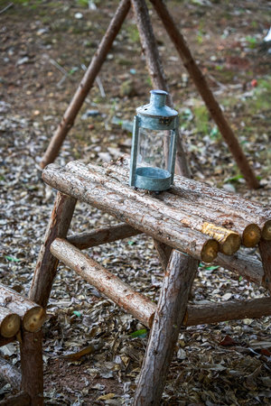 Various tableware, kettles and utensils for outdoor campingの写真素材