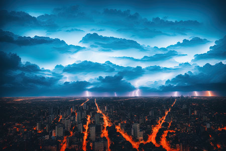 Generative AI, Heavy rainstorm and thunder and lightning over big city at nightの素材