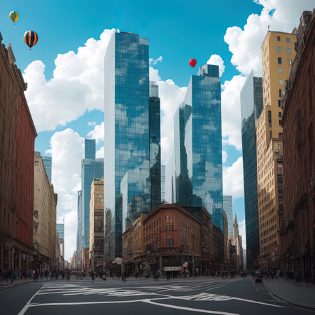 Generative AI, Balloons floating next to glass buildings in modern city business districtの素材