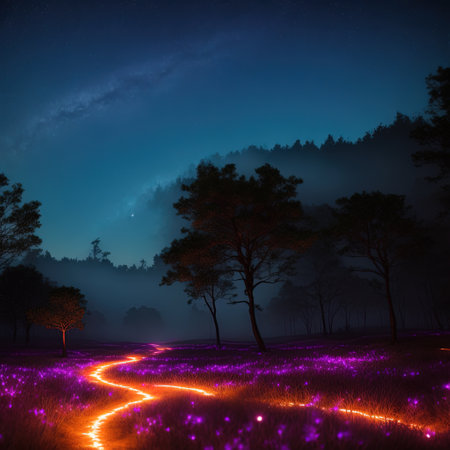 Generative AI, Foggy forest that glows at nightの素材