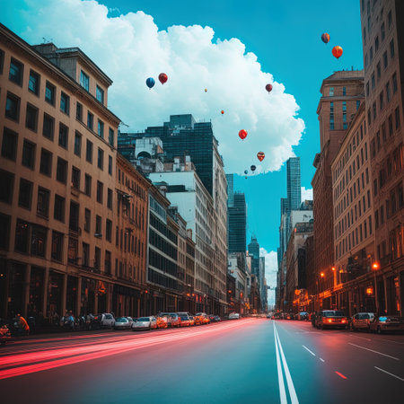 Generative AI, Balloons floating next to glass buildings in modern city business districtの素材