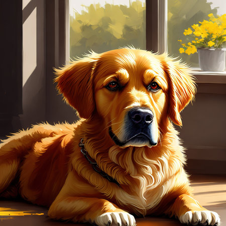 Generative AI, Cute golden retriever dog in line drawing styleの素材