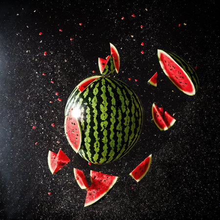 Generative AI, The moment a ripe watermelon is broken and cut in mid-airの素材