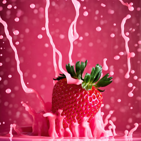 Generative AI, A fresh ripe strawberry jumps into a pink whipped cream yogurtの素材