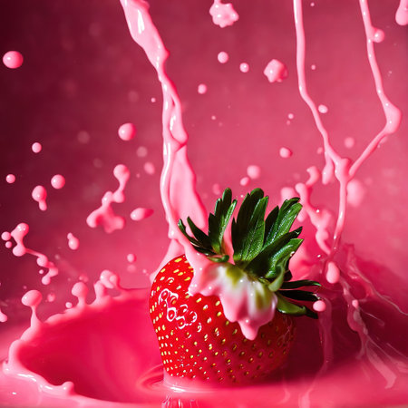 Generative AI, A fresh ripe strawberry jumps into a pink whipped cream yogurtの素材