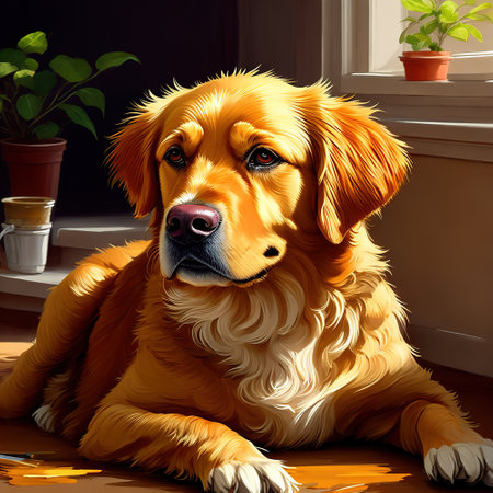 Generative AI, Cute golden retriever dog in line drawing styleの素材