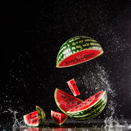 Generative AI, The moment a ripe watermelon is broken and cut in mid-airの素材