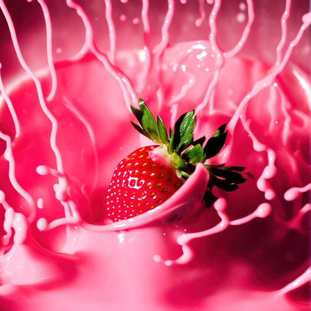Generative AI, A fresh ripe strawberry jumps into a pink whipped cream yogurtの素材