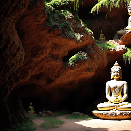 Generative AI, Golden buddhist buddha statue in outdoor mountain streamの素材