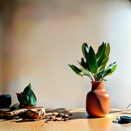 Generative AI, Abstract image with green leafy plants growing from orangesの素材