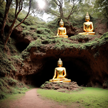 Generative AI, Golden buddhist buddha statue in outdoor mountain streamの素材